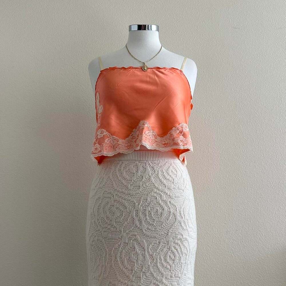 handmade coral orange satin ivory lace trim camisole